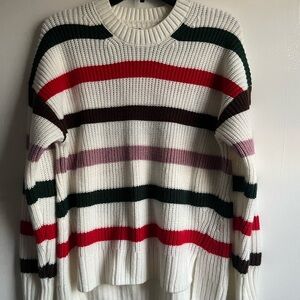 SO Cream Knit Sweater with Green and Red Stripes